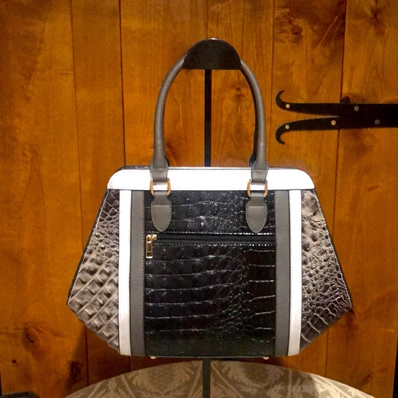 NWT MKF Black Faux Croco Leather Colorblock Satchel